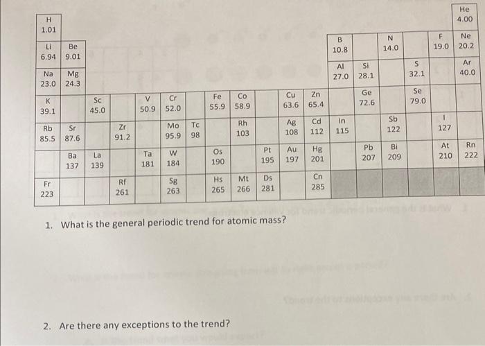 Solved 1. What is the general periodic trend for atomic | Chegg.com