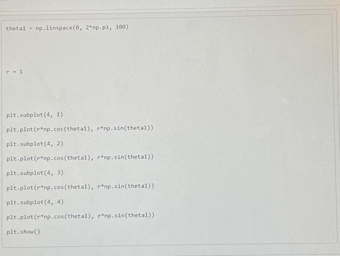 theta1 \( =\mathrm{np} \cdot 1 \) inspace \( (0,2 * n p . p i, 100) \) \( r=1 \) plt. subplot \( (4,1) \) plt.plot \( \left(r