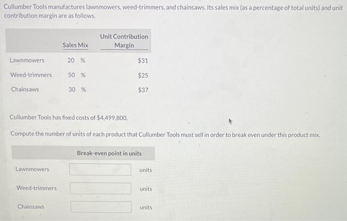 Solved Cullumber Tools manufactures lawnmowers, | Chegg.com