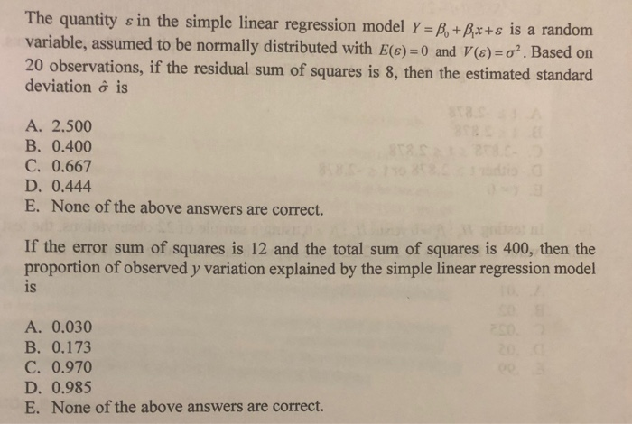 Solved The quantity s in the simple linear regression model | Chegg.com