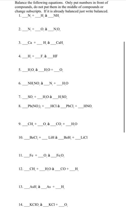 Balance the following equations. Only put numbers in | Chegg.com