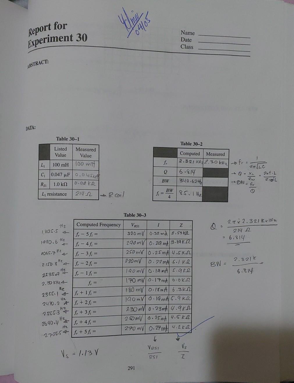 Solved 04705 Report for Experiment 30 Name Date Class | Chegg.com