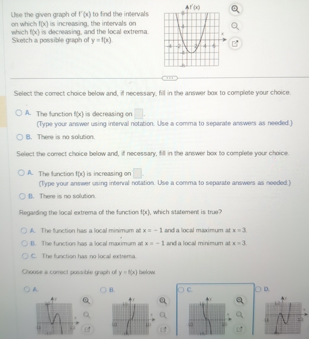 Solved Use the given graph of f'(x) ﻿to find the intervals | Chegg.com