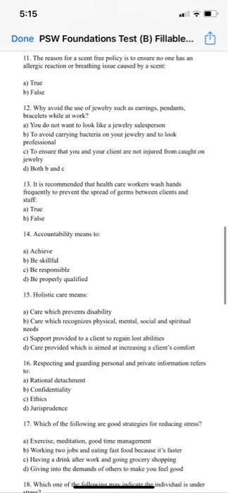 Solved 5:15 Done PSW Foundations Test (B) Fillable... ☺ 11. | Chegg.com