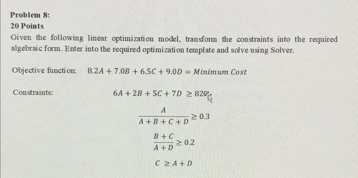 Solved Problem 8: 20 Points Given the following linear | Chegg.com