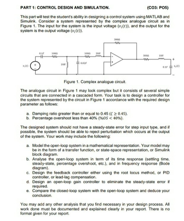Solved PART 1: CONTROL DESIGN AND SIMULATION. (CO3: P05) | Chegg.com