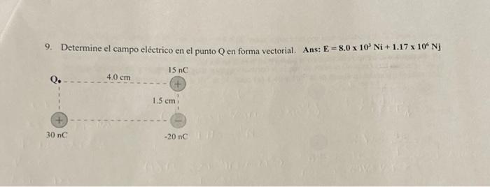 9. Determine el campo eléctrico en el punto \( Q \) en forma vectorial. Ans: \( E=8.0 \times 10^{3} \mathrm{Ni}+\mathbf{1 . 1