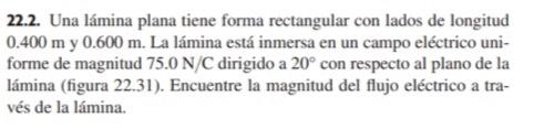 22.2. Una lámina plana tiene forma rectangular con lados de longitud \( 0.400 \mathrm{~m} \) y \( 0.600 \mathrm{~m} \). La lá