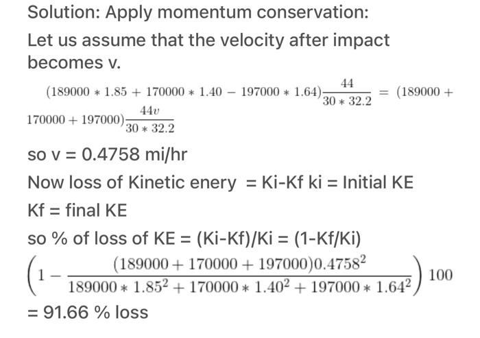 Solution: Apply momentum conservation:
Let us assume that the velocity after impact becomes \( v \).
\[
\begin{array}{l}
\qua