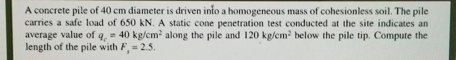 Solved A concrete pile of 40 cm diameter is driven into a | Chegg.com