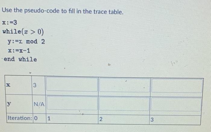 Solved Use the pseudo-code to fill in the trace table. X:=3 | Chegg.com
