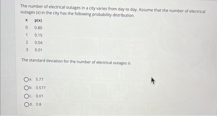 Solved The number of electrical outages in a city varies | Chegg.com