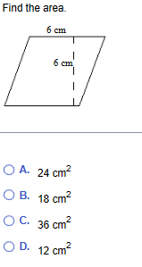 Solved Find the area.A. 24cm2B. 18cm2C. 36cm2D. 12cm2 | Chegg.com