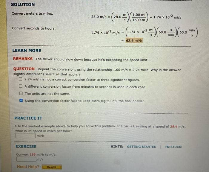 Solved Solution Convert Meters To Miles 28 0 M S 1 00 Mi Chegg Com