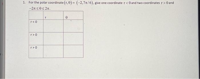 Solved 1. For the polar coordinate (r,θ)=(−2,7π/6), give one | Chegg.com