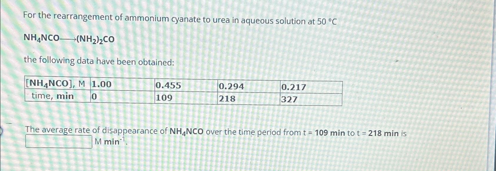 Solved For The Rearrangement Of Ammonium Cyanate To Urea In