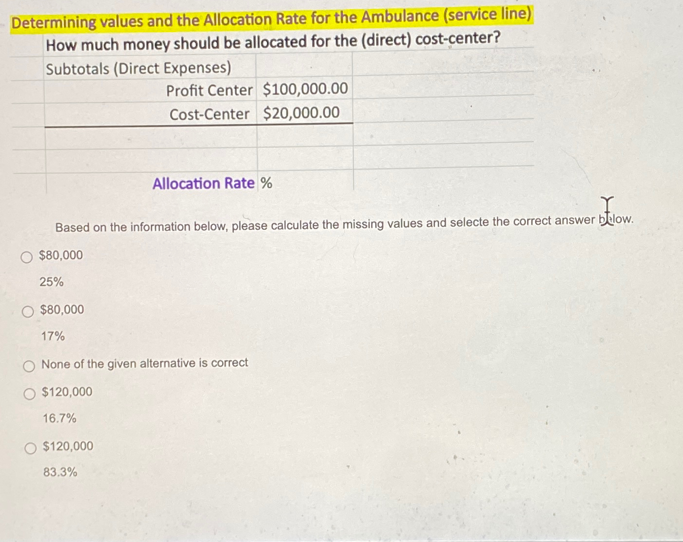 Solved Determining values and the Allocation Rate for the | Chegg.com