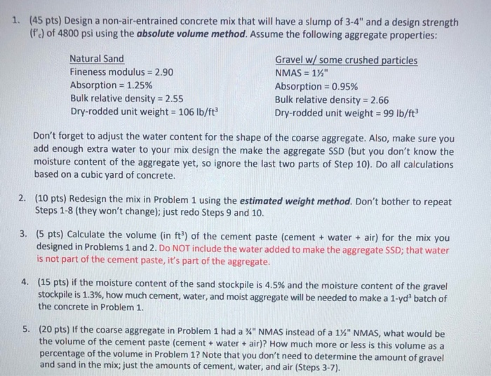 Solved 1. (45 pts) Design a non-air-entrained concrete mix | Chegg.com
