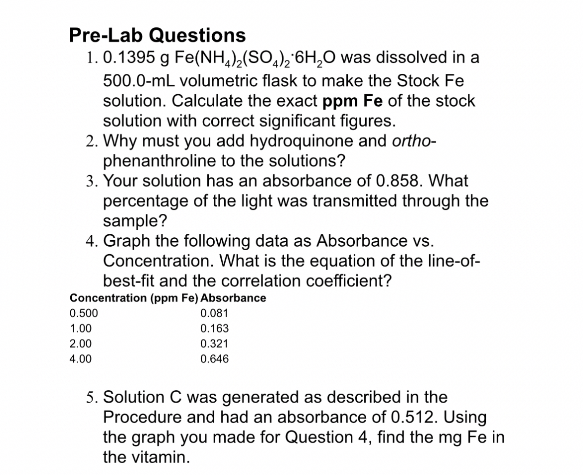 Solved Pre-Lab Questions0.1395gFe(NH4)2(SO4)2*6H2O ﻿was | Chegg.com