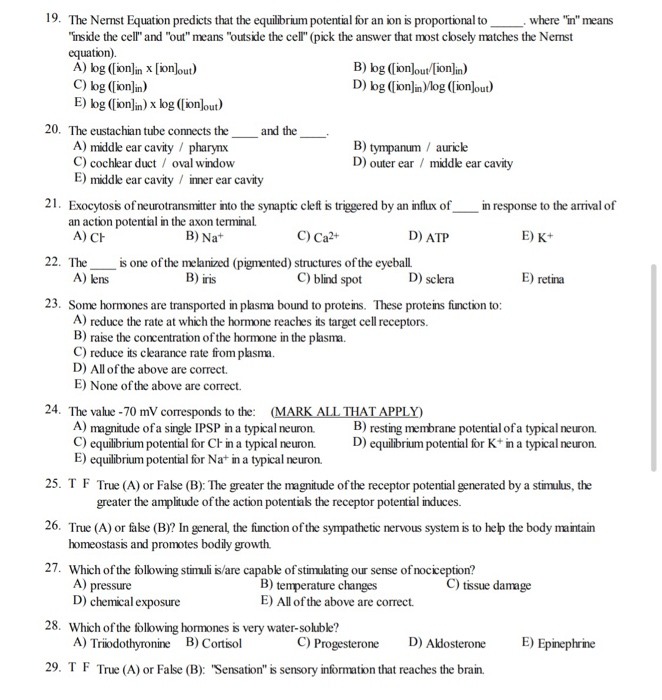 Solved B) iris 19. The Nernst Equation predicts that the | Chegg.com