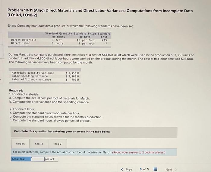 Solved Problem 10-11 (Algo) Direct Materials and Direct | Chegg.com