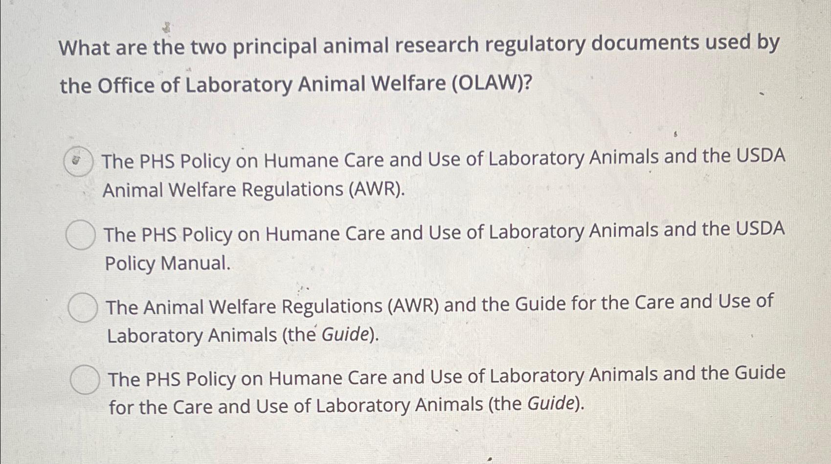 Solved What are the two principal animal research regulatory | Chegg.com