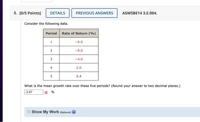 Consider the following data.
What is the mean growth rate over these five periods? (Round your answer to two decimal places.)