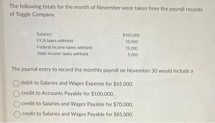 Solved The following totals for the month of November were | Chegg.com
