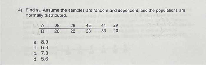Solved Find sd. Assume the samples are random and dependent, | Chegg.com