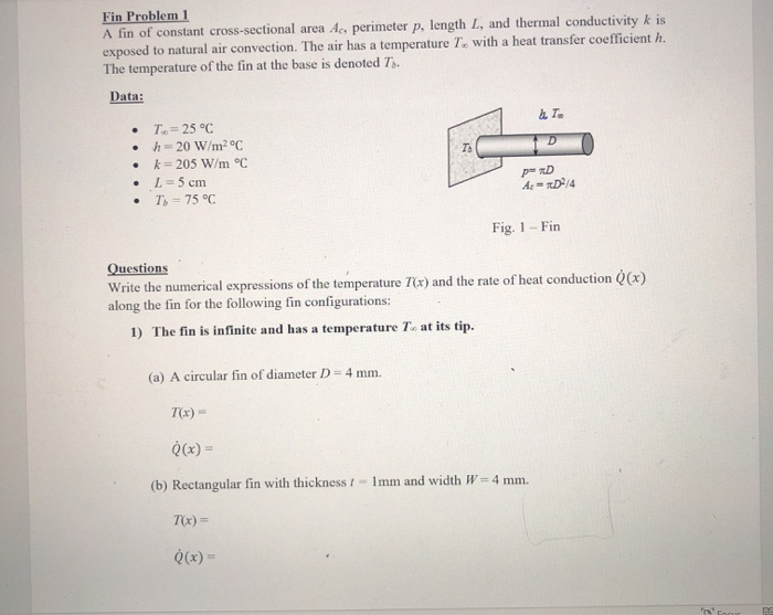 Solved Fin Problem 1 A fin of constant cross-sectional area | Chegg.com