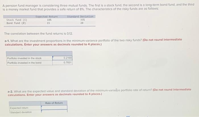 A pension fund manager is considering three mutual funds. The first is a stock fund, the second is a long-term bond fund, and