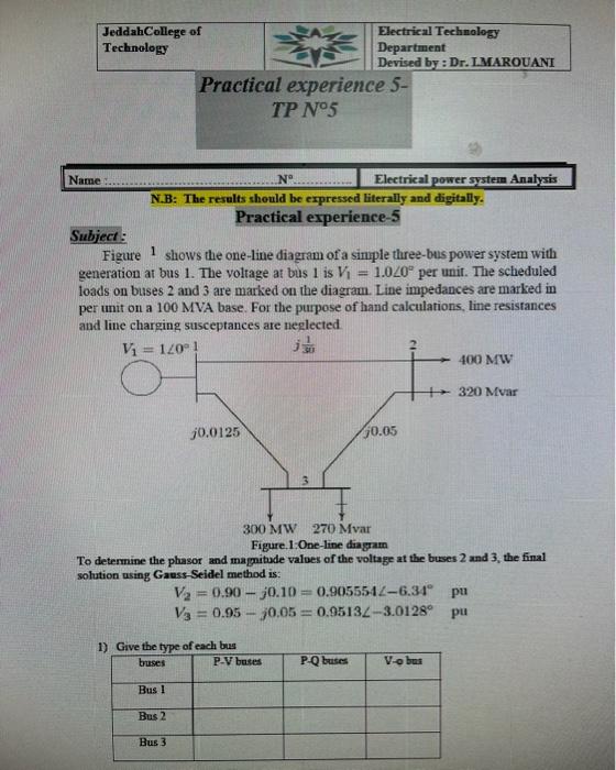 Subject:
Figure 1 shows the one-line diagram of a simple three-bus power system with generation at bus 1 . The voltage at bus