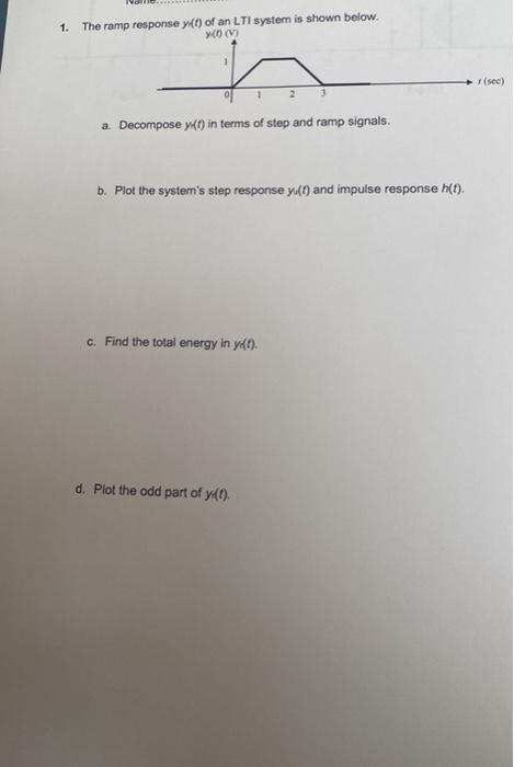 Solved 1. The ramp response y(t) of an LTI systern is shown | Chegg.com