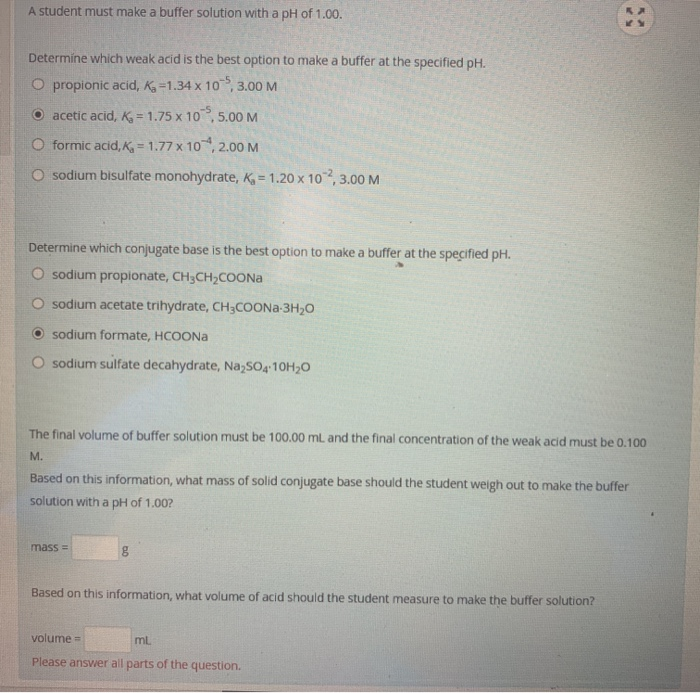 Solved A student must make a buffer solution with a pH of | Chegg.com