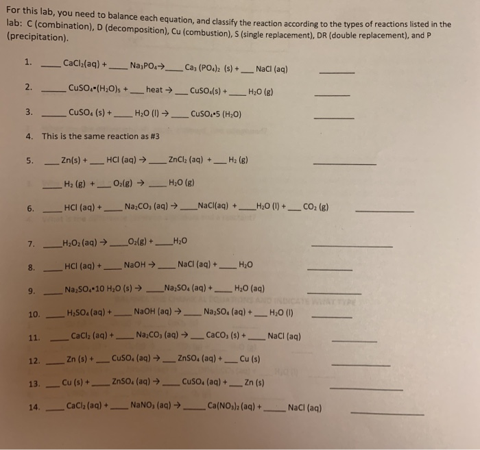 Solved For this lab, you need to balance each equation, and | Chegg.com