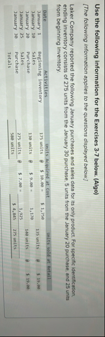 Solved Use the following information for the Exercises 3-7 | Chegg.com