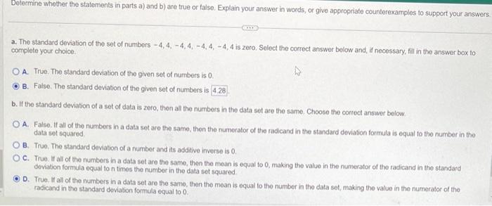 Solved a. The standard deviation of the set of numbers | Chegg.com