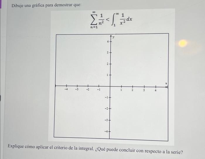 Dibuje una gráfica para demostrar que: \[ \sum_{n=1}^{\infty} \frac{1}{n^{2}}<\int_{1}^{\infty} \frac{1}{x^{2}} d x \] Expliq