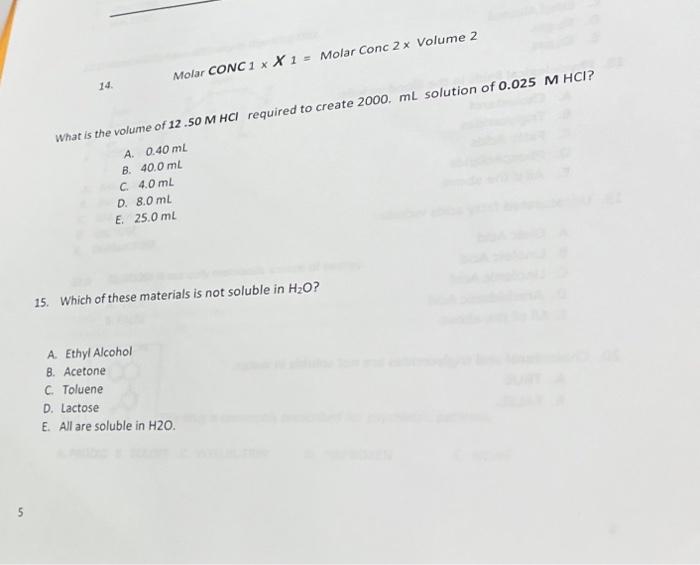 Solved 5 14. Molar CONC 1 x X 1 = Molar Conc 2 x Volume 2 | Chegg.com