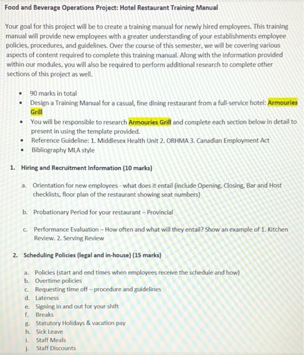 Food and Beverage Operations Project: Hotel | Chegg.com