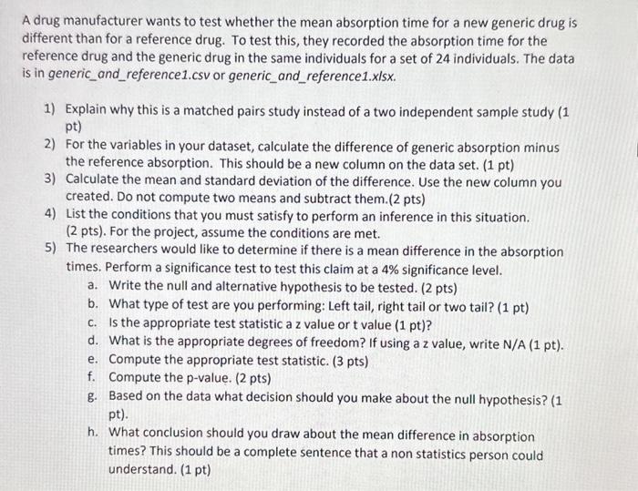 Solved A drug manufacturer wants to test whether the mean | Chegg.com