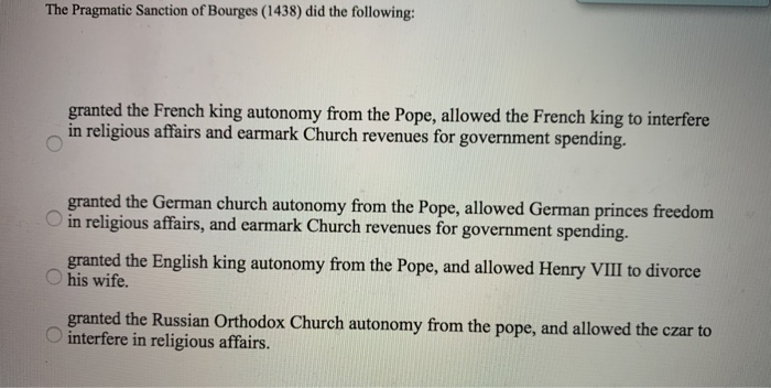 Solved The Pragmatic Sanction of Bourges (1438) did the