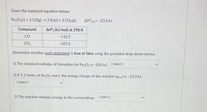 Solved Given the balanced equation below. Fe2O3( | Chegg.com