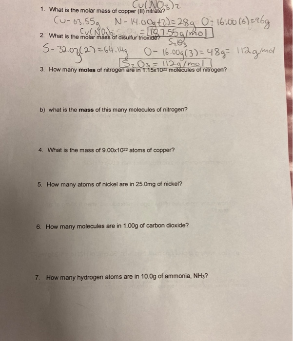 Solved Cu(NO3)2 1. What is the molar mass of copper (II) | Chegg.com