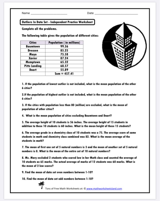 Name Date Outliers In Data Set Independent Practice Chegg 