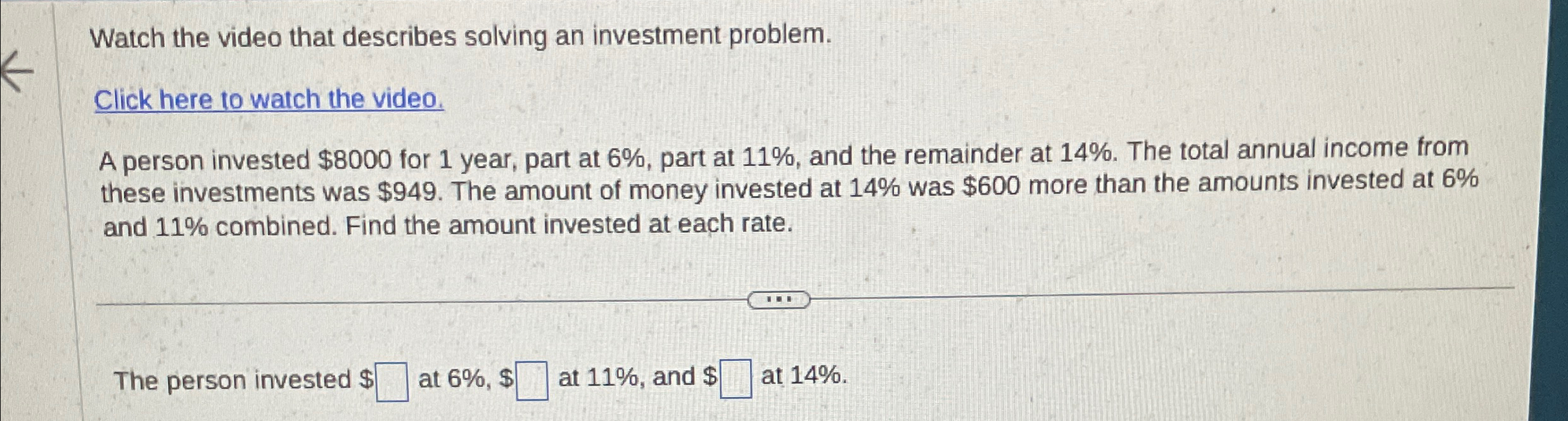 Solved Watch the video that describes solving an investment | Chegg.com