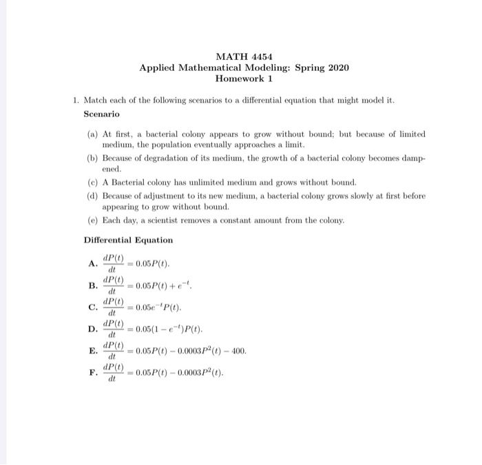 Solved MATH 4454 Applied Mathematical Modeling: Spring 2020 | Chegg.com
