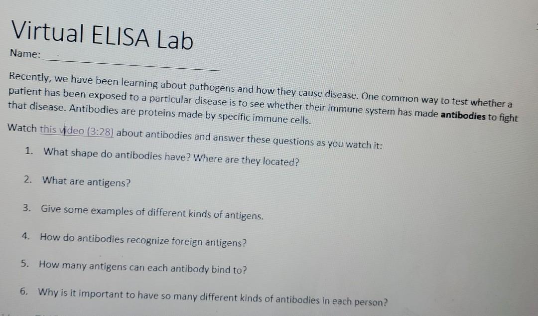 Solved Virtual ELISA Lab Name: Recently, we have been | Chegg.com