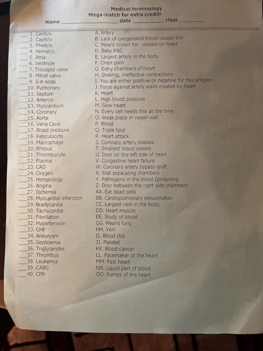 Medical terminology Mega-match for extra credit! date Name class 1. Cardio 2. Capillo 3. Phlebo 4. Hemat/o 5. Atria 6. Ventri