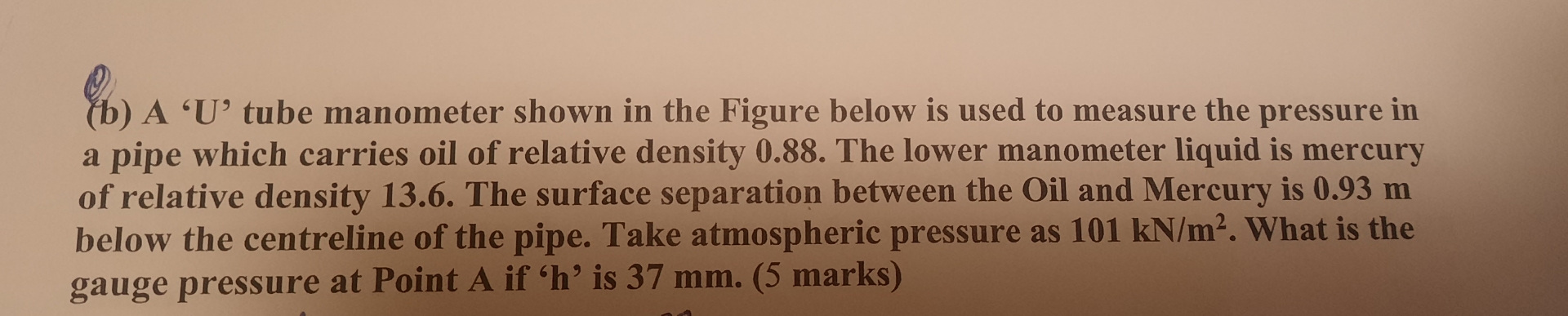 Solved (b) ﻿A ' U ' ﻿tube manometer shown in the Figure | Chegg.com